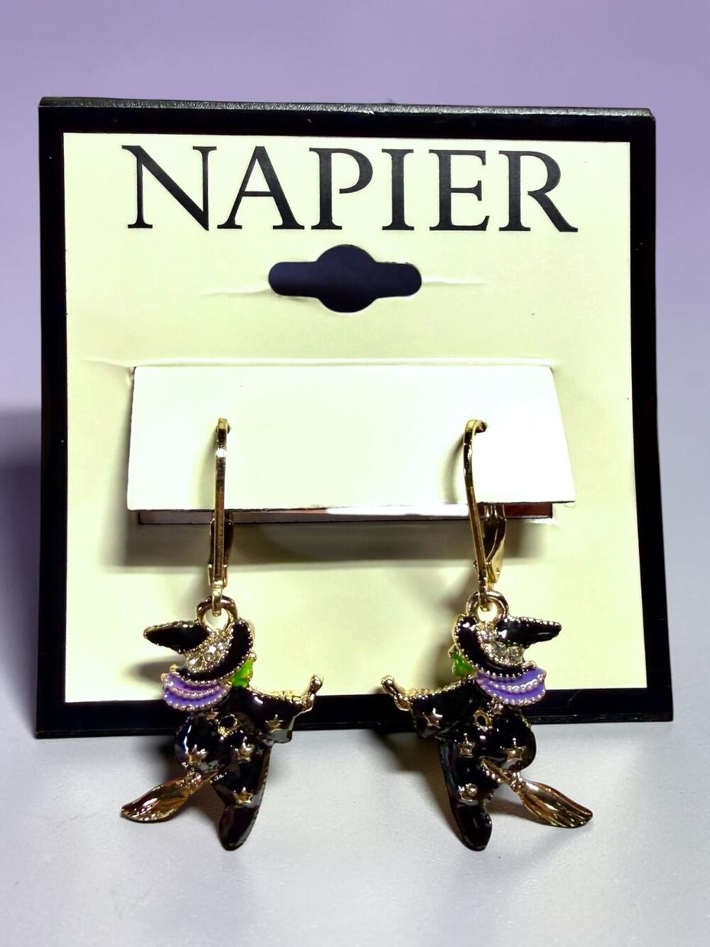 NAPIER Witch Halloween Earrings Gold Tone Rhinestone New on Card Black Broom